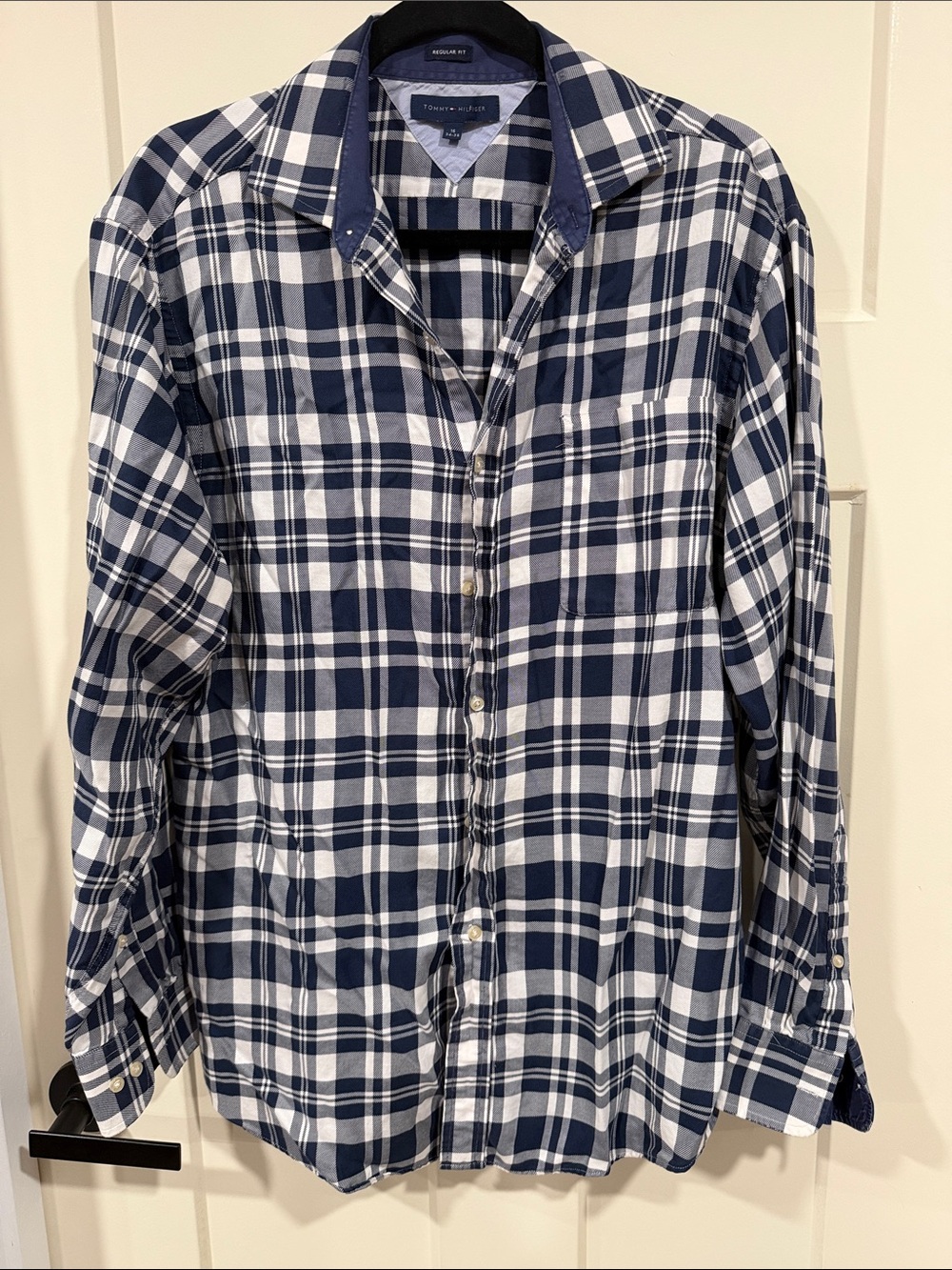 Tommy Hilfiger Men’s Navy and White Plaid Button-Down Shirt